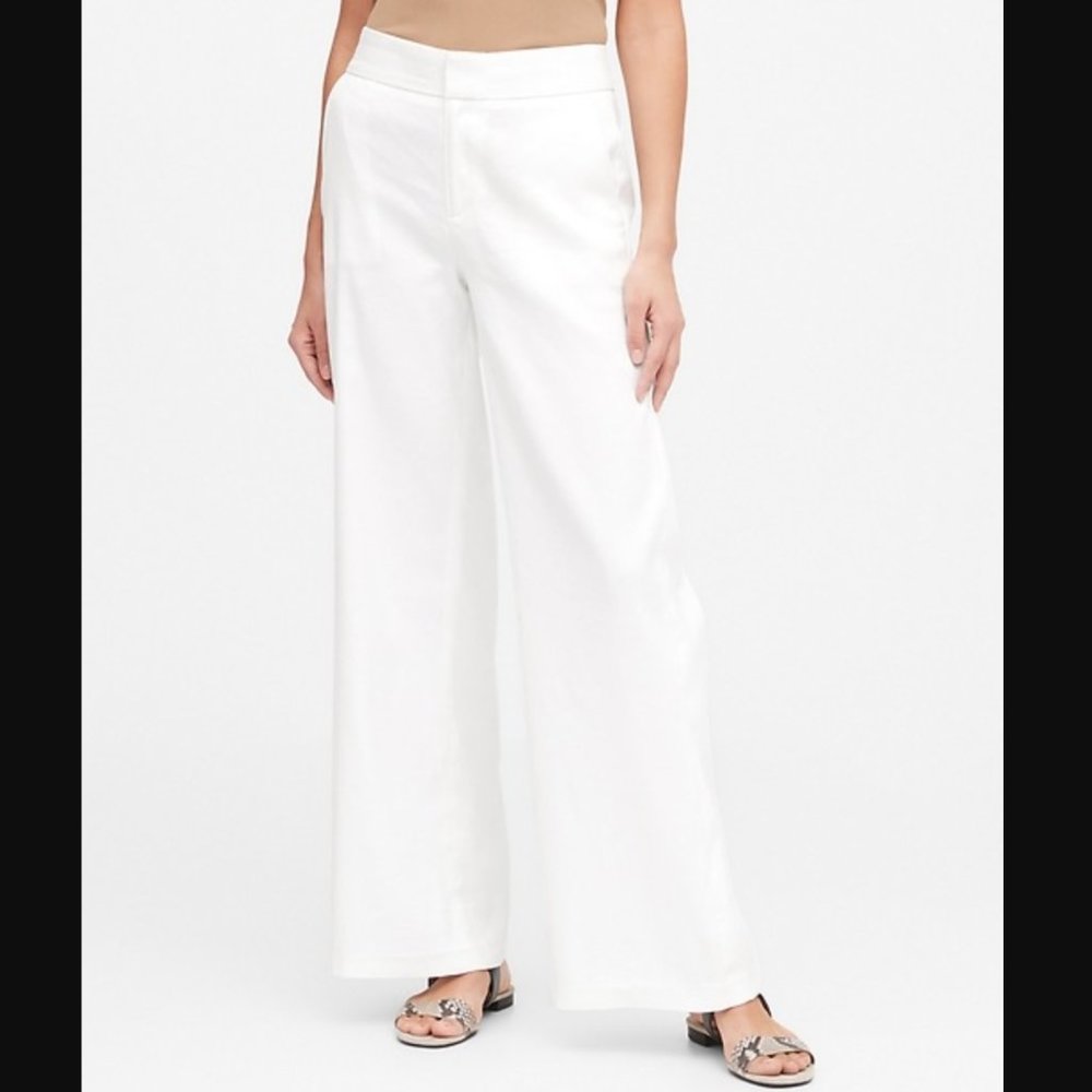 NWT Banana Republic Petite High-Rise Wide-Leg Linen-Cotton Pant in White Size 4P